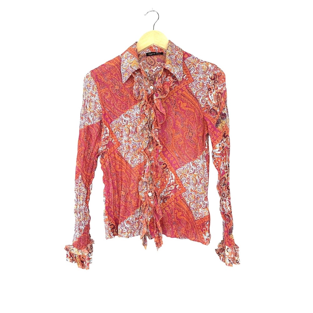 Violet & Claire Ruffle Blouse Womens S Orange Paisley Patchwork Long Sleeve Top